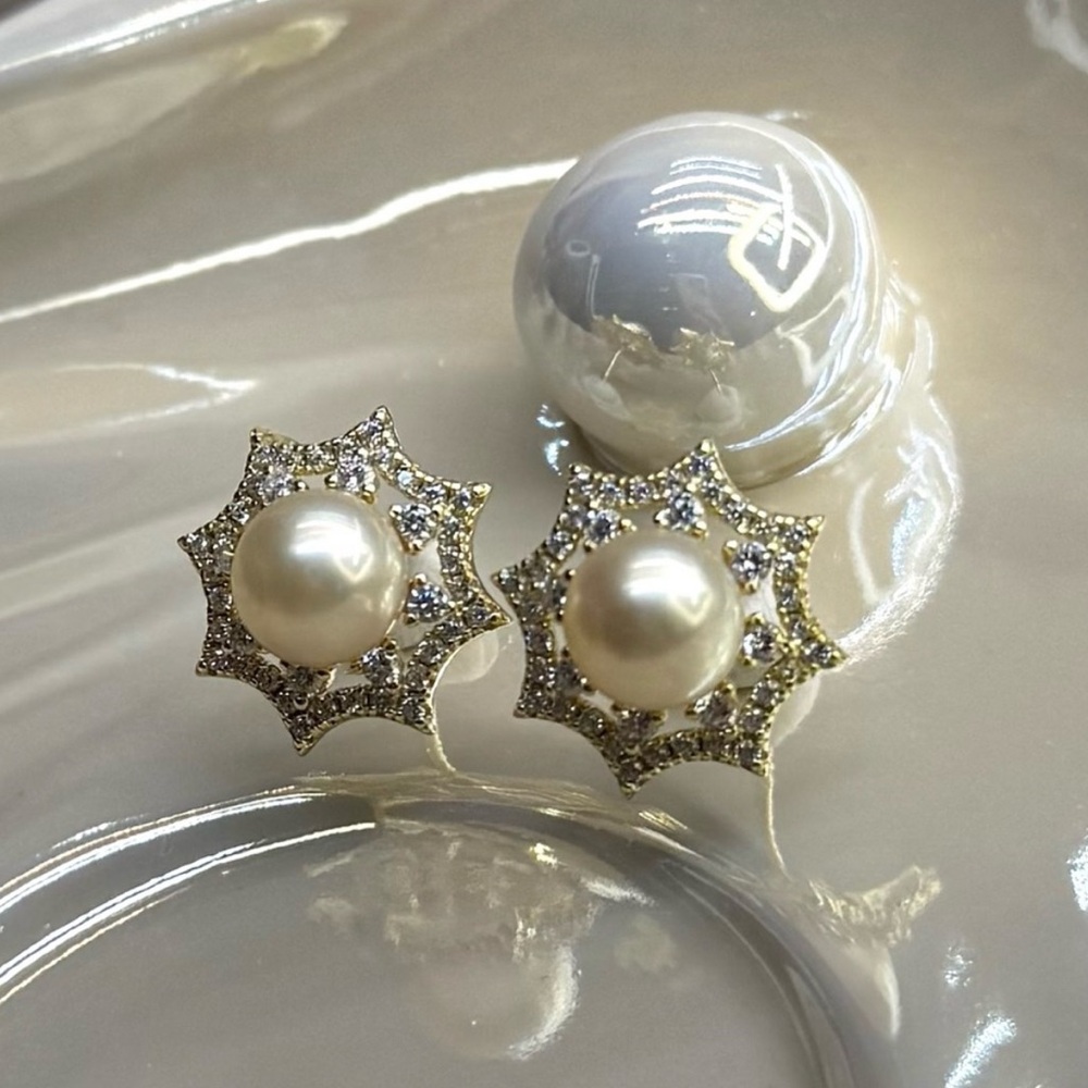 Premium 7mm Akoya Sea Pearl Earrings • Art Deco Web Design • 18K Gold over S925 - Picture 5 of 11